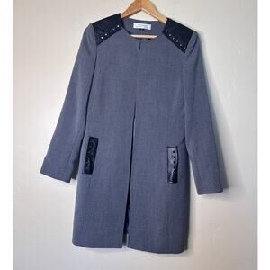 Tahari Grey with Black Leather and Stud Accent Open Front Jacket size 8